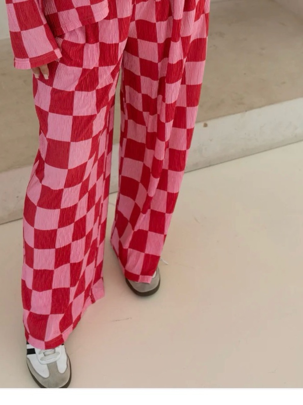 Wide-Leg Checkerboard Pants in Red and Pink